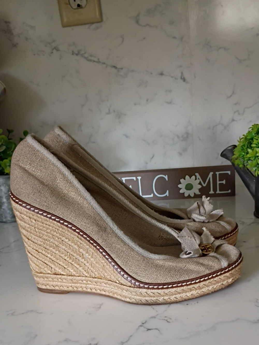 Tory Burch Beige Canvas Espadrille Wedge Pumps - Women